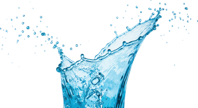 A powerful, photorealistic aqua blue water splash frozen in an explosive moment with sharp droplets and transparent bubbles, against a transparent studio backdrop. Concept of innovation and