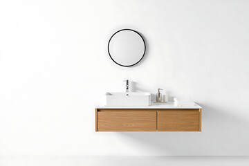 A minimalist floating bathroom vanity in light wood with a single basin sink and a circular mirror.