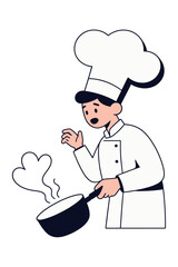 An illustration of a happy chef in a white uniform and hat, holding a saucepan with steam in the shape of a heart, representing passion for cooking.