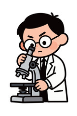 An illustration of a determined male scientist with glasses and a lab coat, looking intently through a microscope with a serious expression.