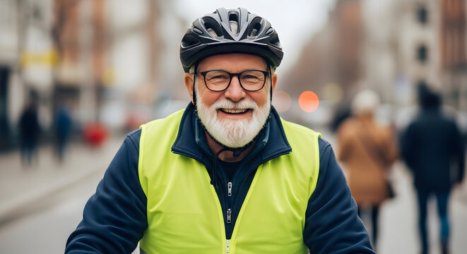 Happy senior man cycling in city wearing helmet and safety vest enjoying active retirement healthy lifestyle urban commute