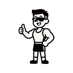 A strong and cheerful muscular man in a tank top and shorts giving a thumbs-up, wearing sunglasses, bold black and white comic illustration.