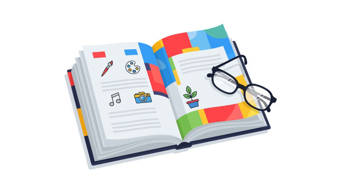 Open Illustrated Book with Glasses Colorful Pages and Icons.