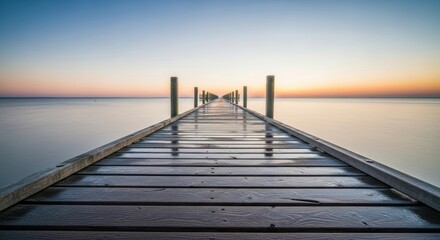 Obraz premium Serene wooden pier over calm sea at sunset with clear sky