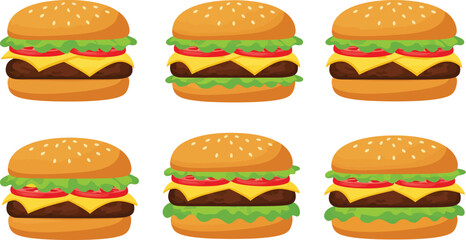 six cartoon burgers neatly arranged in two rows