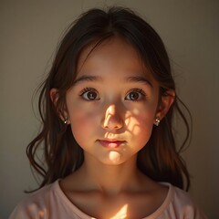 Girl Portrait with Sun Light Streaks on Face Close Up