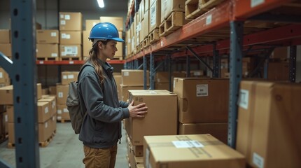 Warehouse worker inspecting boxes while standing in storage facility  