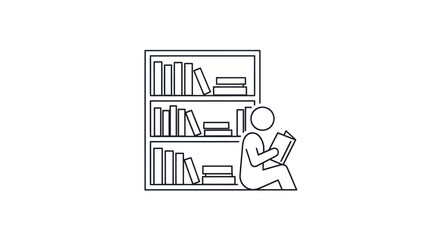 Simple line drawing of a person reading a book while leaning against a full bookshelf. © Leo