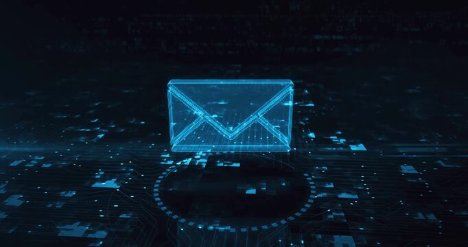 Envelope email and mail message hologram symbol appears on a digital background. Network, cyber technology and computer abstract concept 3d animation.