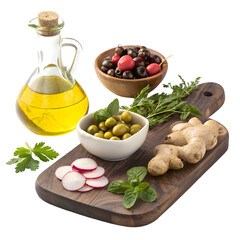 Mediterranean Diet:  A Culinary Journey with Olive Oil, Herbs, and Fresh Ingredients on transparent background
