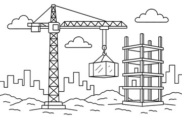 Construction crane hoists a container beside a rising framework, urban skyline behind; crisp line art coloring page for kids and education.