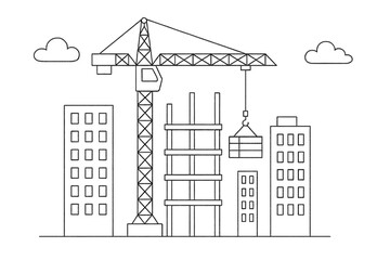Tower crane lifts materials amid city buildings, clean line art coloring page of urban construction with framed structure and soft clouds.