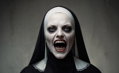 Creepy horror portrait of a demonic nun with a terrifying open mouth expression