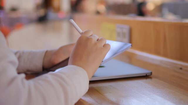 Person is using a tablet on a wooden table. The tablet is open and the person is typing on it