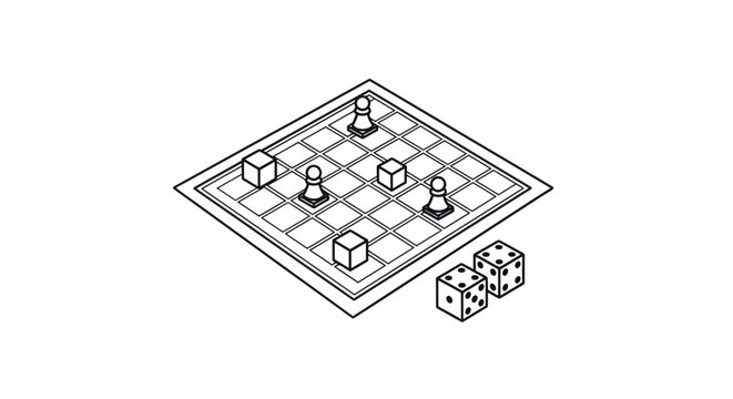 Isometric View of a Board Game with Dice and Pieces.