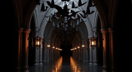 Bats silhouette in haunted gothic hall with glowing lanterns