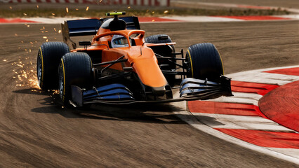 Orange formula 1 car cornering over kerb with sparks flying, motorsport night race