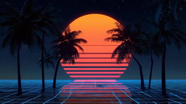 Tropical sunset with glowing orange sun behind palm trees retro wave style vibrant neon horizon minimalist summer beach atmosphere vaporwave concept