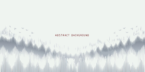 Abstract minimalist landscape with stylized mountains and flying birds in a serene grey and white color palette