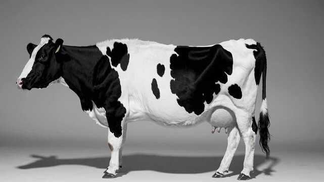 Black and white cow standing majestically against a simple background in an indoor setting