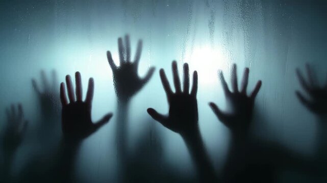 scary shadows of hands on glass horror concept spooky silhouette halloween background fear mystery creepy ghostly atmosphere haunted theme thriller danger panic illustration