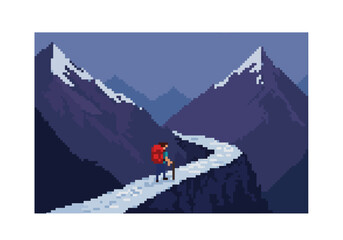 Pixelated Hiking Adventure A lone hiker traversing a snowy path towards majestic, snow-capped mountains, a journey of determination and exploration