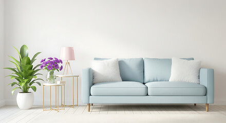 Light blue sofa with white cushions in a bright living room, accompanied by a potted plant and a table lamp with flowers, creating a fresh and inviting interior isolated on white background