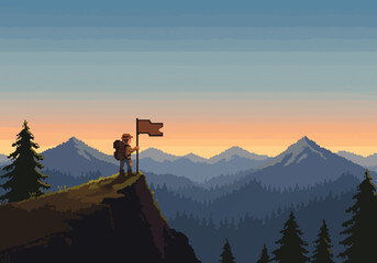 Pixel Art Hiking Adventure Reaching the Summit at Sunrise