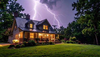 A cozy home illuminated by a powerful lightning storm amidst a dark, leafy landscape