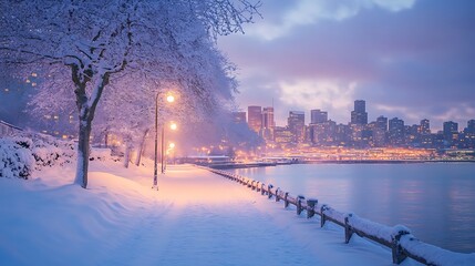 Fototapeta premium Beautiful snowfall in chicago city with skyline glowing brightly picture