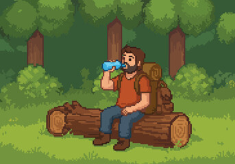 A pixel art illustration of a bearded hiker taking a refreshing water break on a log during a solitary hiking adventure in a lush green forest