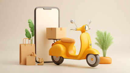 Online delivery concept featuring a smartphone, scooter, packages, and shopping bags in a stylized illustration.