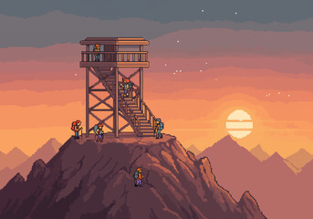 Retro pixel art scene capturing a mountain hiking adventure, with trekkers reaching a scenic fire lookout tower to watch the golden sunset
