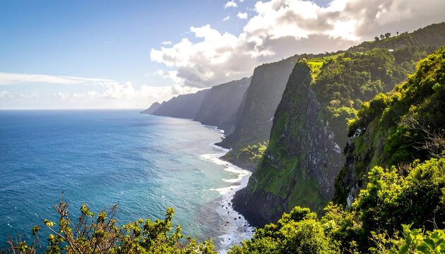 A coastal vista features towering green cliffs plunging into a vast ocean under a cloudy, sunlit sky. Lush vegetation frames the scene