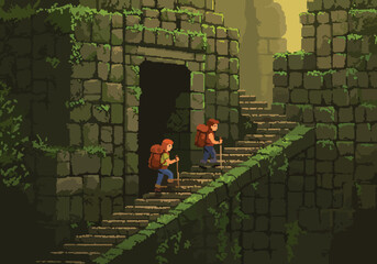 Two adventurers in pixel art style hiking up ancient stone stairs to a mysterious, moss-covered temple deep in a lost jungle