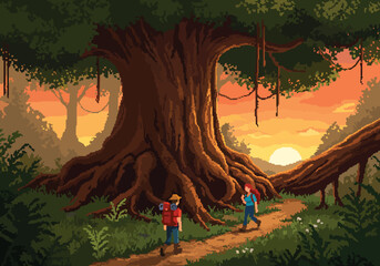 Embark on an enchanting hiking adventure through a majestic forest, where the setting sun casts a warm glow, guiding travelers on their path, with an emphasis on nature's beauty