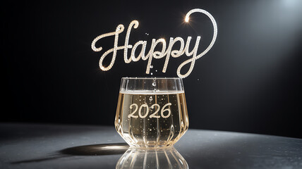 Happy 2026" written in a Glass of Champagne