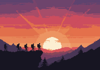 Pixel art illustration of a group of hikers on a mountain ridge at sunrise, enjoying a breathtaking vista of rolling hills and a vibrant sky