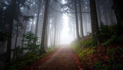 A fog-shrouded path winds deep within a lush forest, inviting exploration into the unknown. Trees line the way