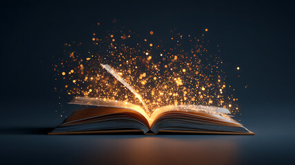 Open Book with Sparkling Light Particles Floating from Pages