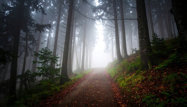 A fog-shrouded path winds deep within a lush forest, inviting exploration into the unknown. Trees line the way