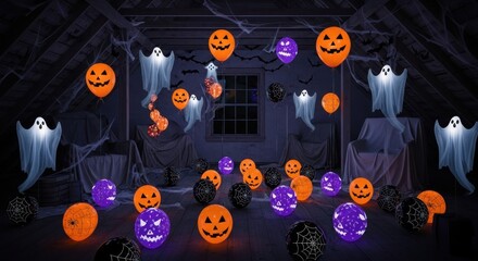 Halloween attic party with jack-o’-lantern balloons and floating ghosts