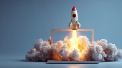 Rocket launches from laptop screen symbolizing technology innovation startup growth digital progress online business success and futuristic concept of powerful breakthrough in virtual world - Powered by Adobe