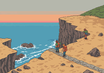 Pixel art illustration of hikers on a cliffside trail overlooking the ocean at sunset, capturing the serene beauty of a coastal adventure and the joy of exploring nature's wonders