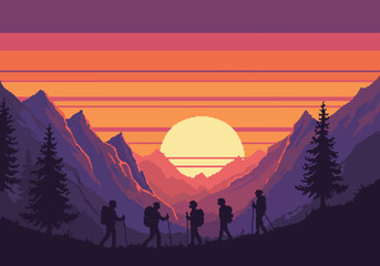Pixel art illustration of a group of hikers on a mountain trail at sunset, with a vibrant orange and purple sky and silhouetted pine trees