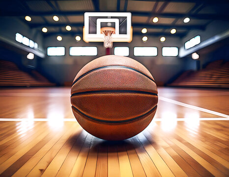 An image of a basketball on a hardwood court with a basketball hoop in the background and empty bleachers.