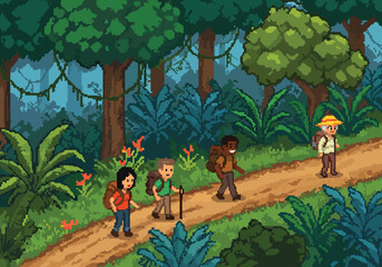Pixel art illustration of a diverse group of friends on a scenic hiking adventure, trekking along a path through a lush jungle