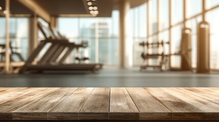 Modern Gym Interior with Wooden Countertop for Product Placement and Fitness Advertising
