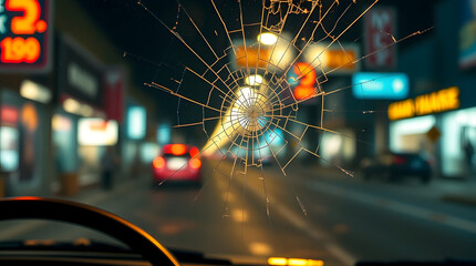 Cracked windshield detail shows splintered safety glass at night, that reveals damage from road debris.