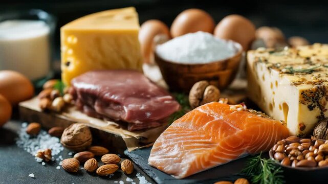 Assortment of protein rich foods including salmon beef cheese eggs nuts and cottage cheese concept of healthy nutrition balanced diet and natural sources of protein for fitness and health